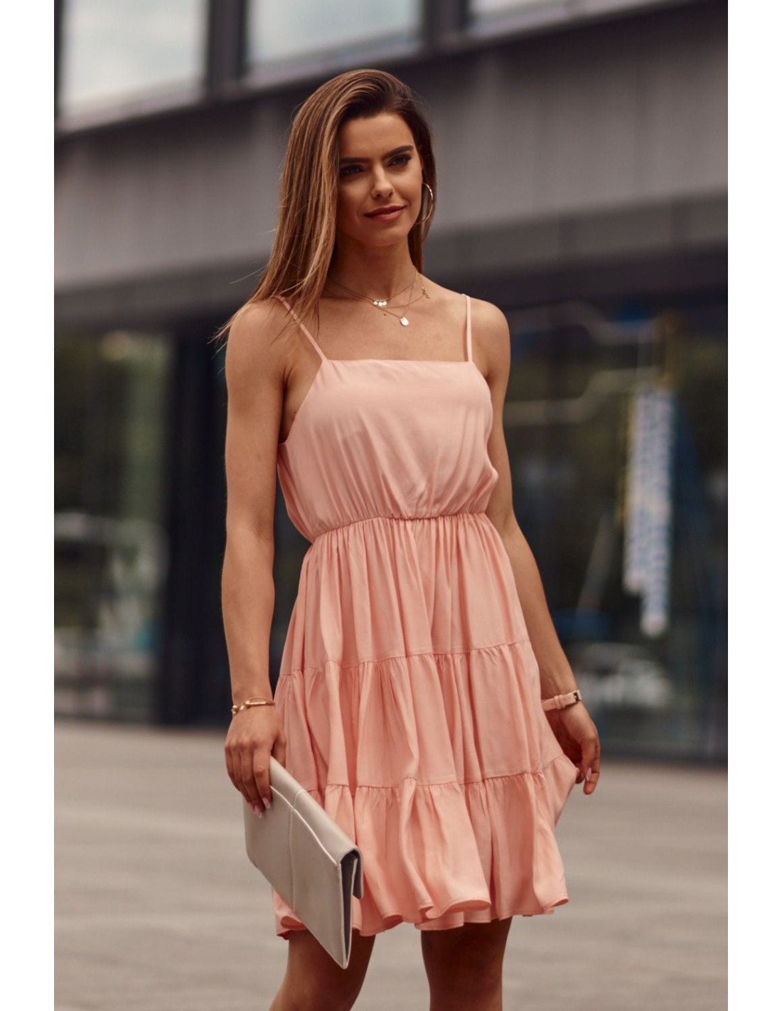 Dress with thin straps and ruffles, powdery PR3214 - Online store - Boutique